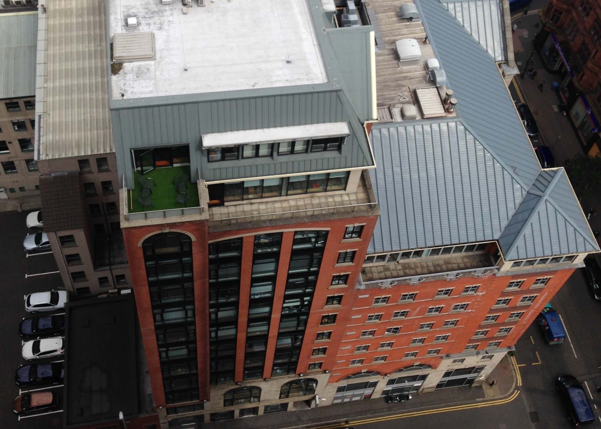 Aerial view of a commercial office building in Belfast
